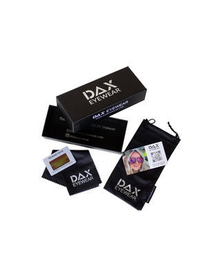 DAX Eyewear packaging including a box, pouches, and cleaning cloth on a white background