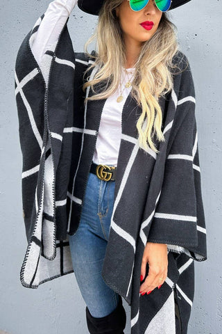 Black Grey Dual-Tone Check Printed Cozy Reversible Ruana