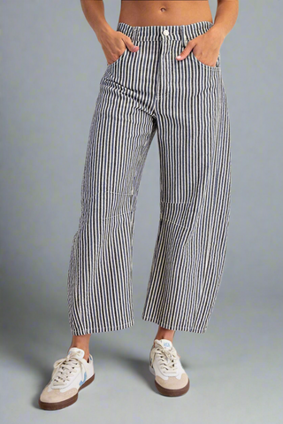 Mineral Wash Striped Barrel Leg Jeans