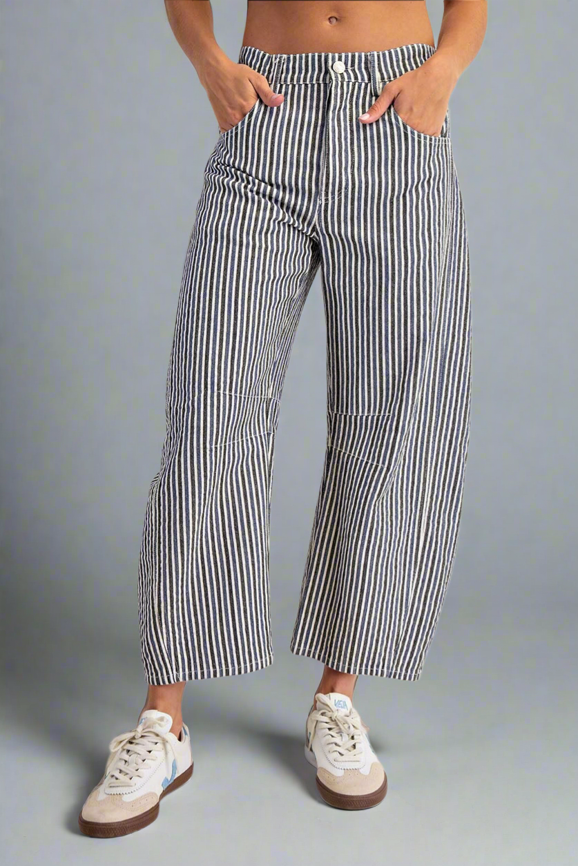 Mineral Wash Striped Barrel Leg Jeans