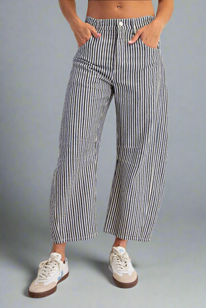 Mineral Wash Striped Barrel Leg Jeans