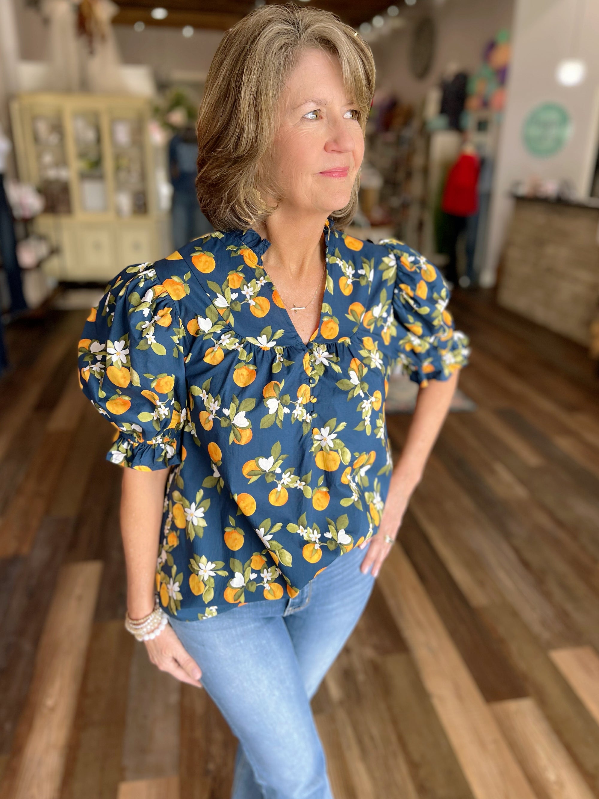 Fruit Print Puff Sleeve Blouse