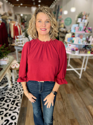 Sweet & Simple Ruffle Mock Neck Blouse — Cranberry