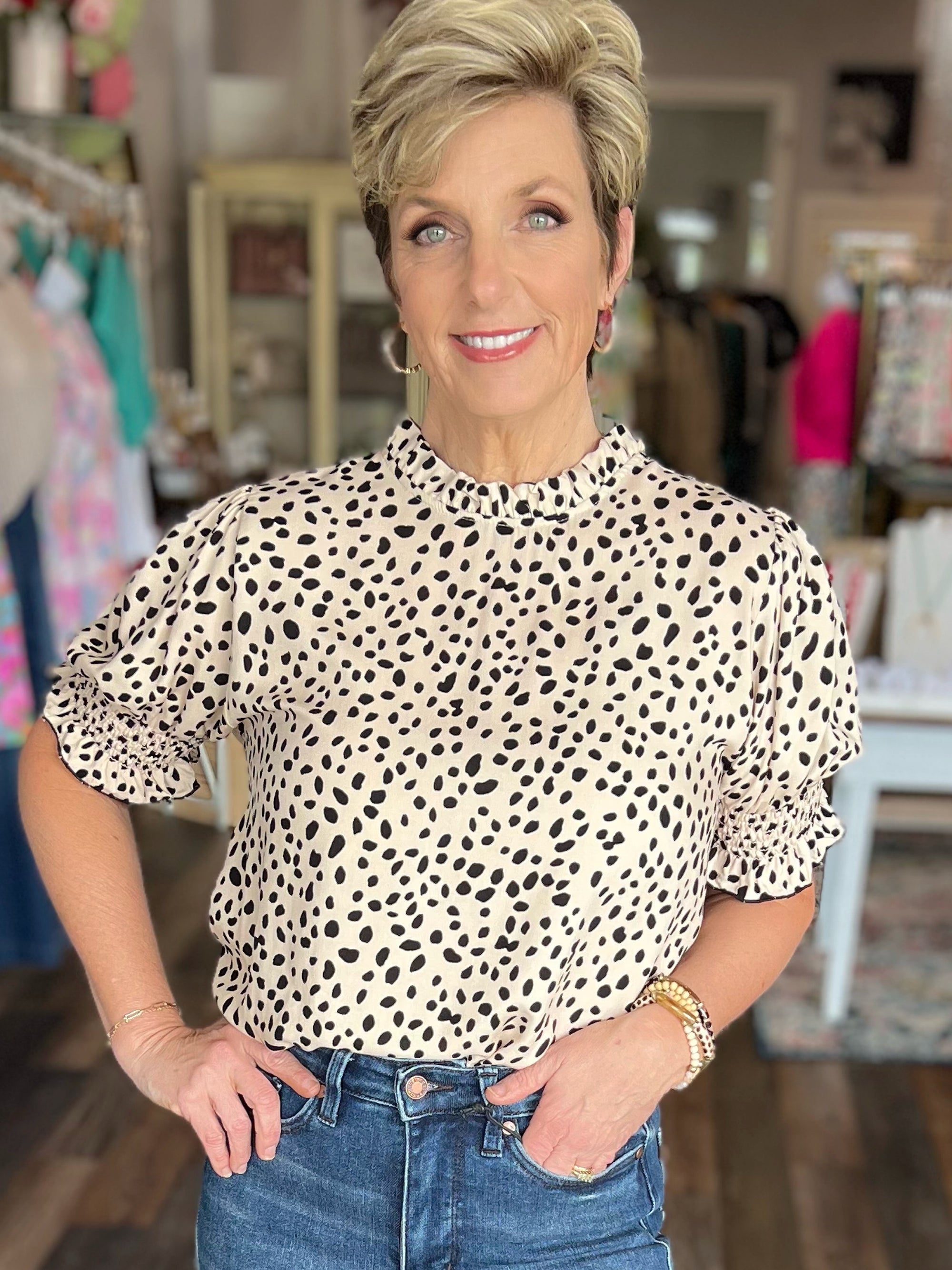 Wild Frills Leopard Print Top with Smock Detail Sleeves