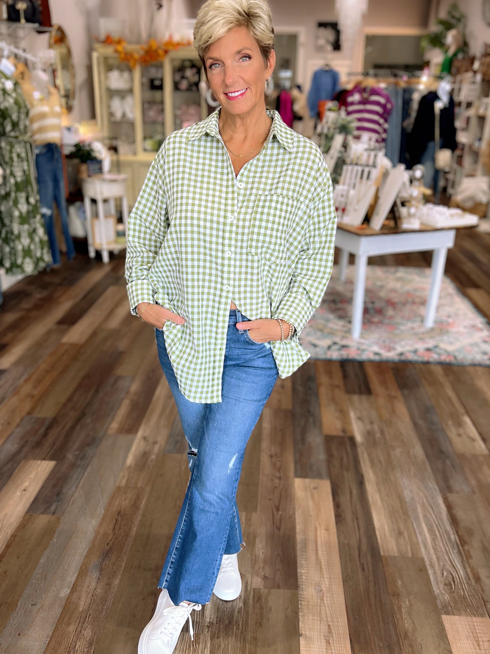 Green Gingham Print Button Up Blouse