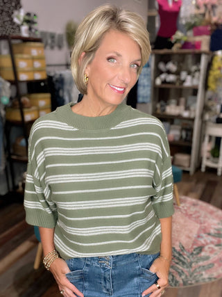 Striped Half Sleeve Knit Sweater in Olive or Pumpkin