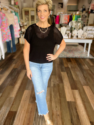 Crochet Knit Short Sleeve Sweater