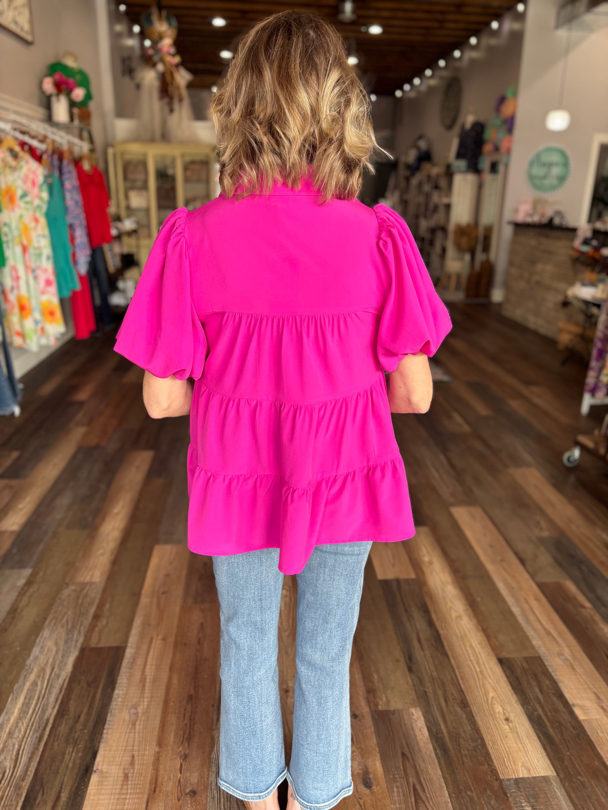 Brighten Up Button Front Blouse in Magenta