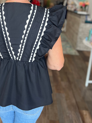 Black Ruffle Sleeve Contrast Trim Babydoll Top