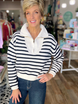 Harbor Stripe Half-Zip Pointelle Sweater
