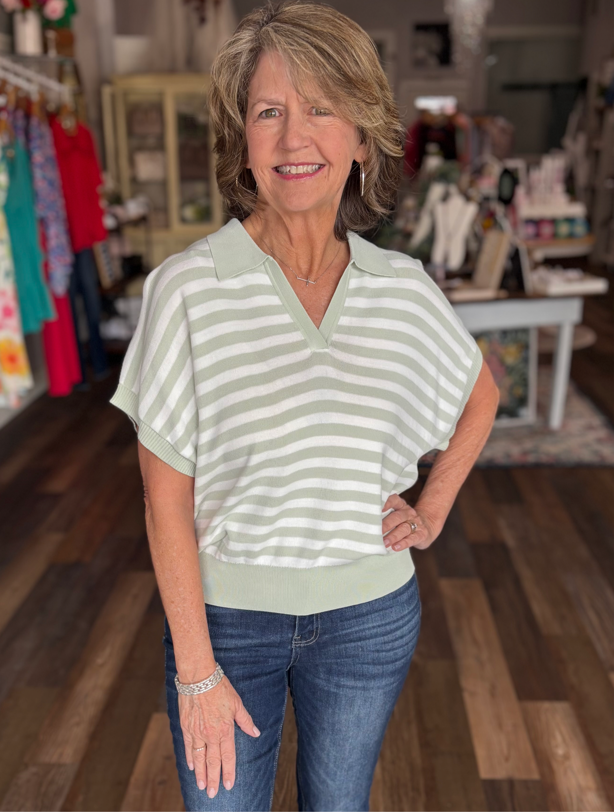 Sage Striped Short Sleeve Polo Sweater