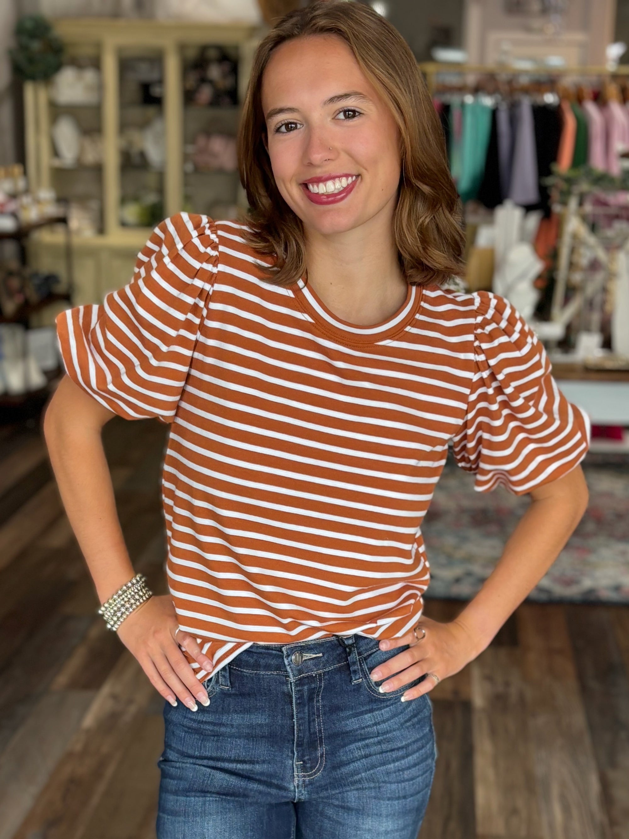 Rust & White Striped Puff Sleeve Top