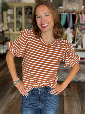 Rust & White Striped Puff Sleeve Top