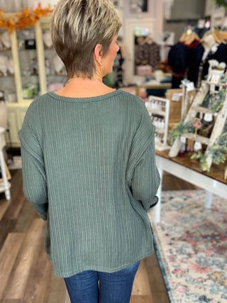 3/4 Folded Sleeve Knit Top in Green