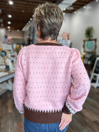 Geometric Knit Sweater in Soft Pink and Brown