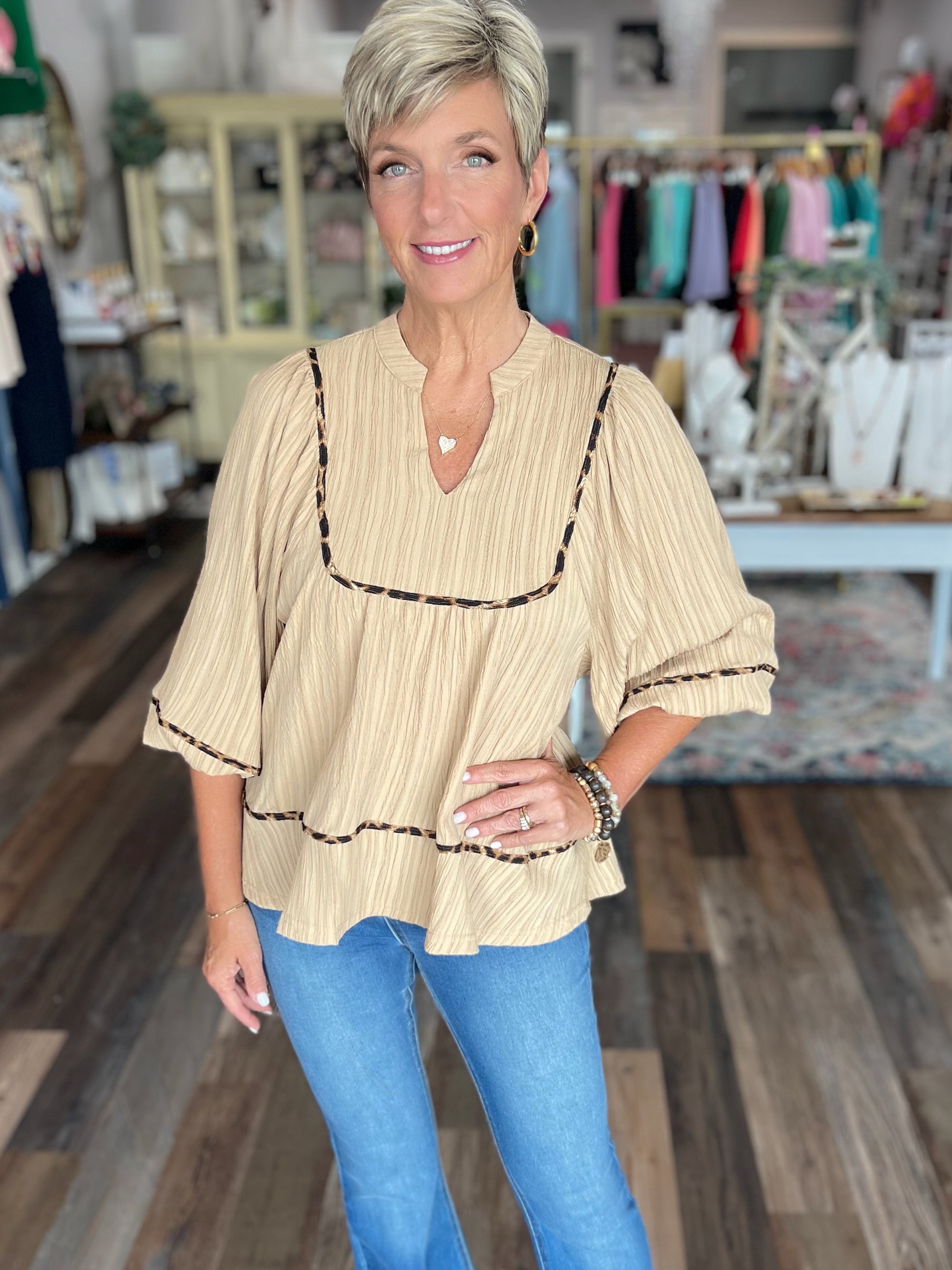 Texture Fabric Blouse with Animal Print Detail