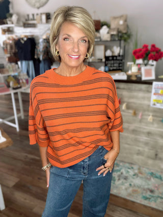 Striped Half Sleeve Knit Sweater in Olive or Pumpkin