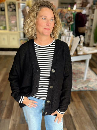 Button-Front Oversized Cardigan – Classic Black – Angie's Strength