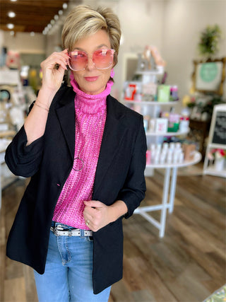 Black Pleated Sleeve Blazer Jacket