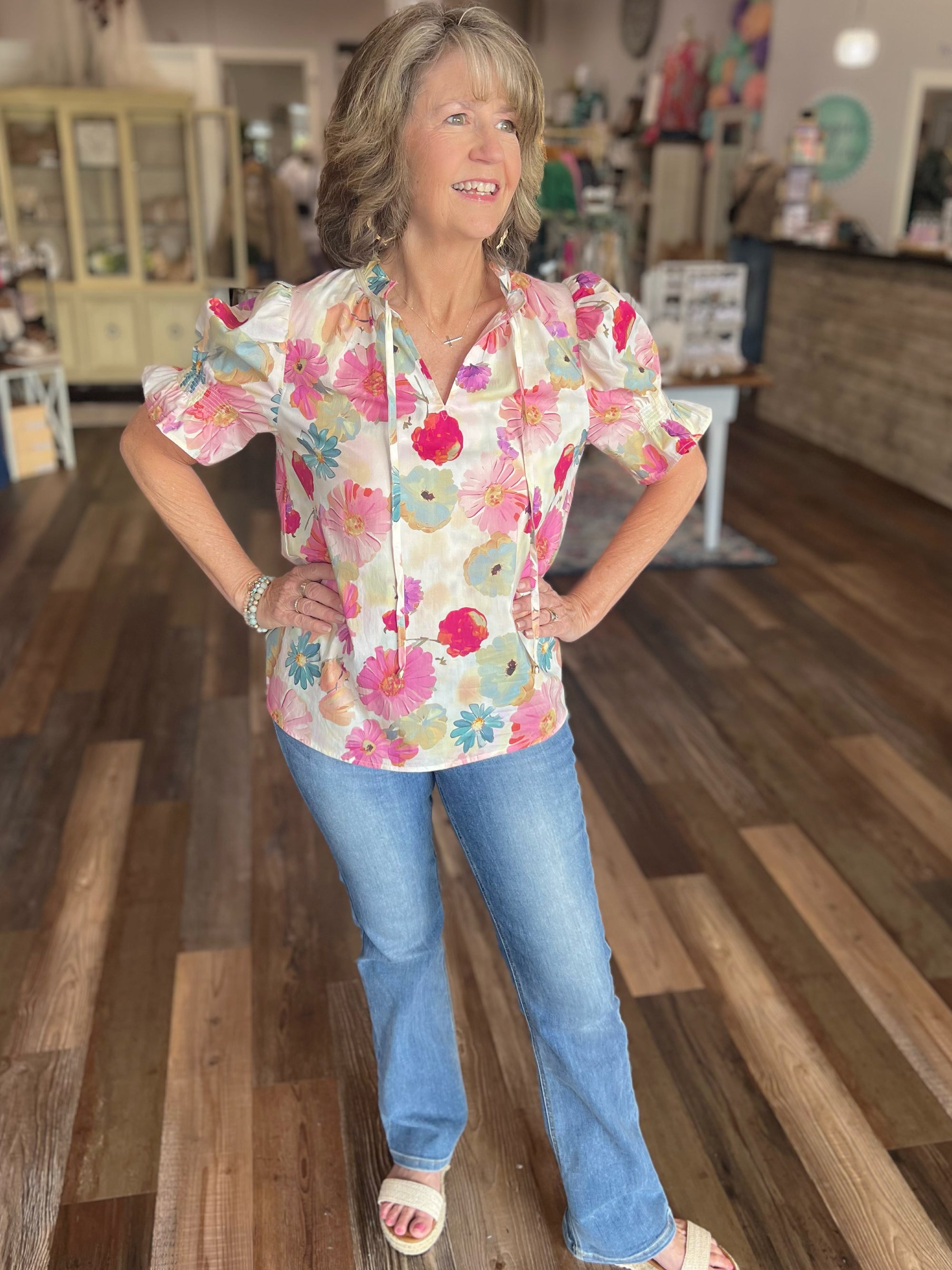 In Full Bloom Floral Print Short Sleeve Top