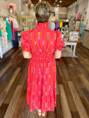 Vibrant Ruffle Smocked Midi Dress