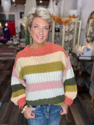 Striped Color Block Chunky Sweater Pullover – Rust & Olive