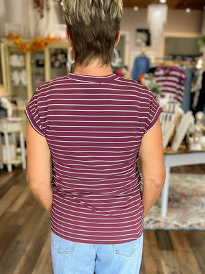 Burgundy Stripe Cuffed Sleeve Top – Made in the USA