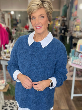 Warm & Fuzzy Cable Sweater --Available in Denim Blue + Brown