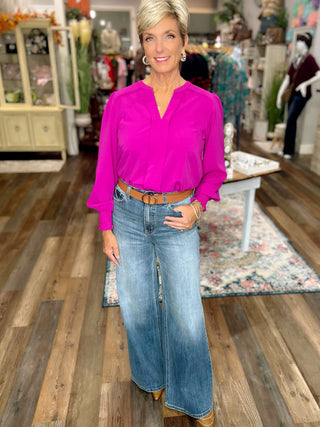 Magenta Smocked Sleeve Pleated Blouse
