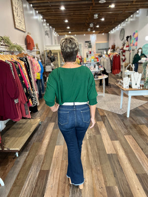 Three Quarter Smocked Band Top in Hunter Green