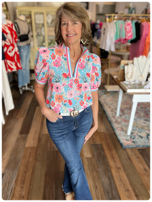 Floral High-Collar Split Neck Blouse