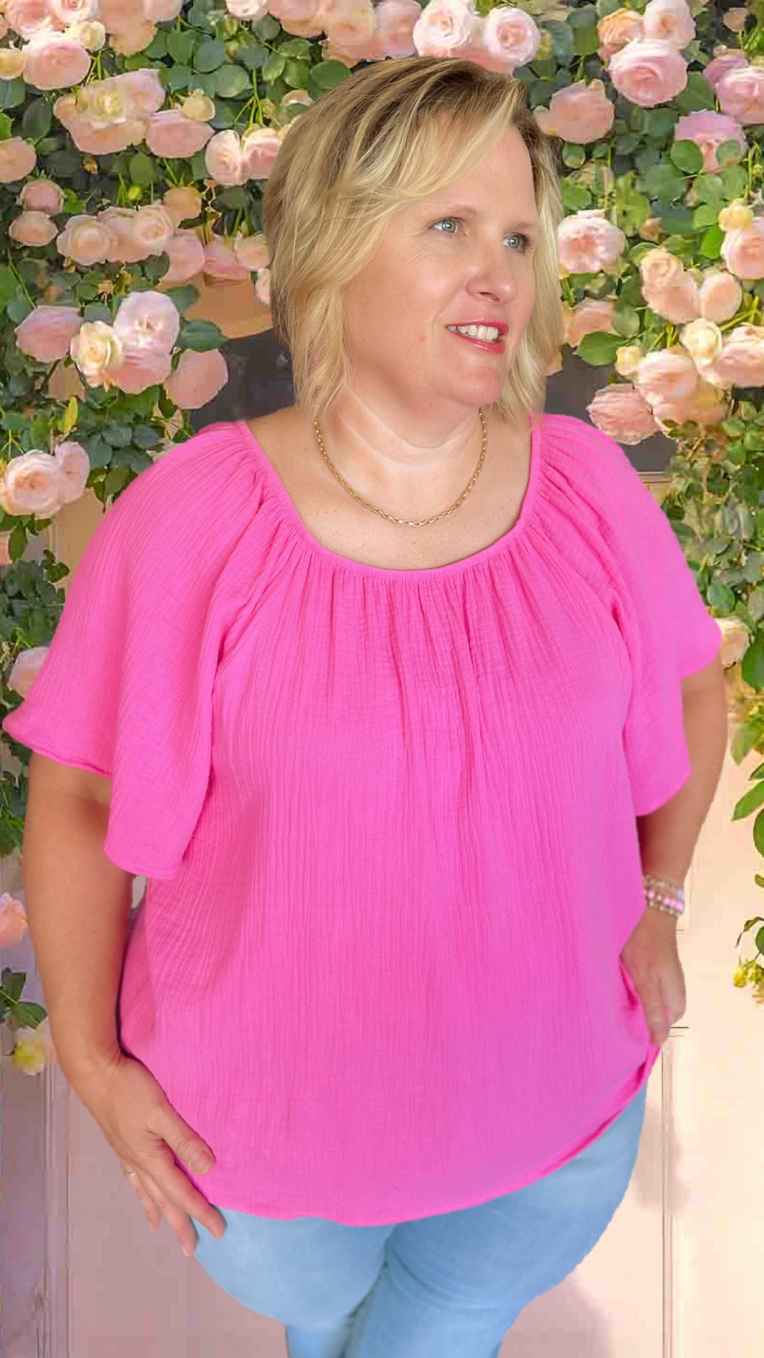 Pink Scoop Neck Blouse in Curvy