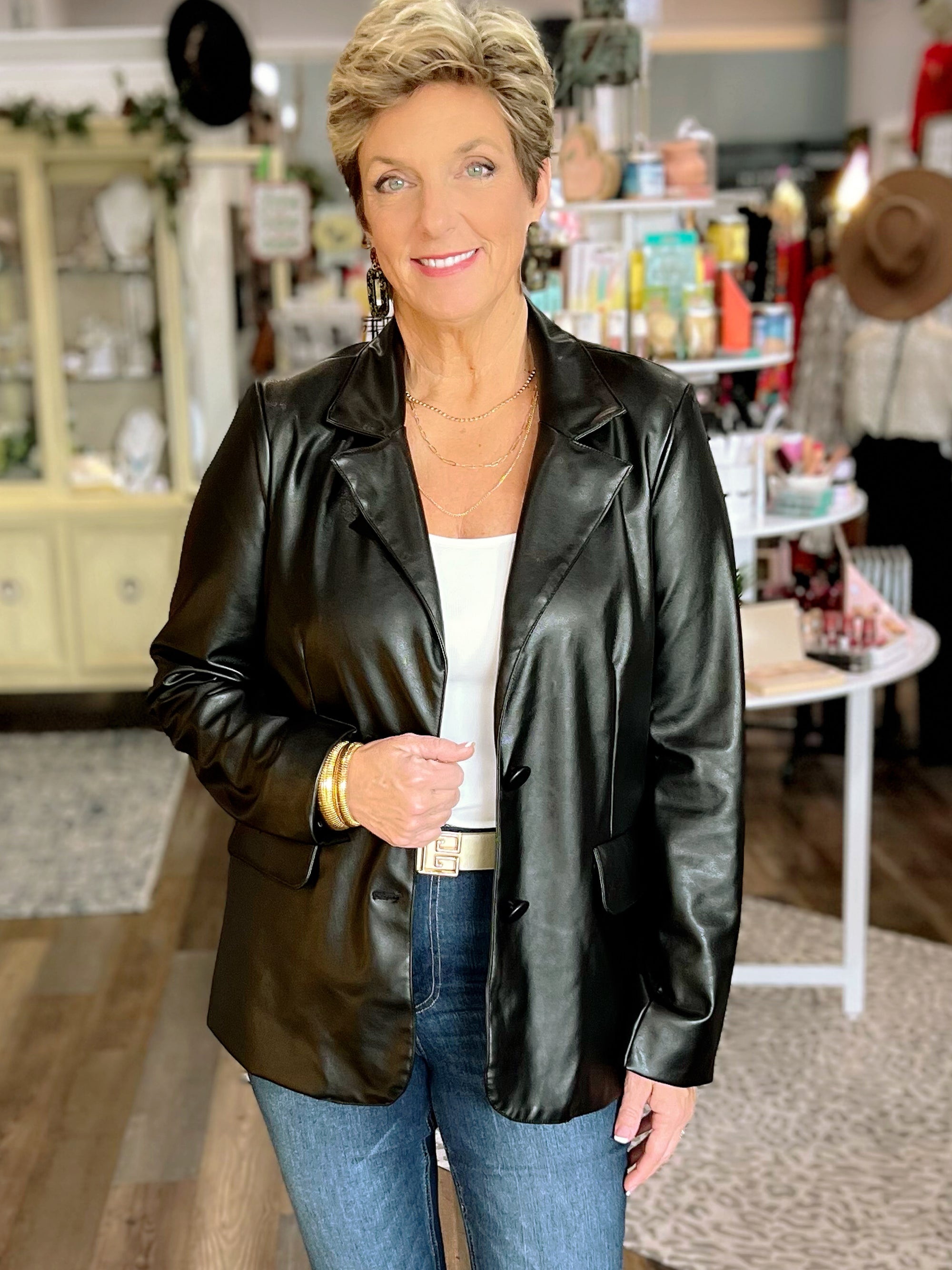 Notch Collar Faux Leather Blazer