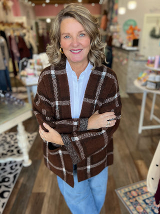 Knit Sweater Open Front Cardigan - Brown Plaid