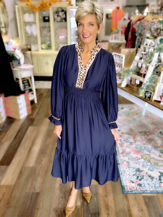 Navy Midi Dress with Leopard Trim