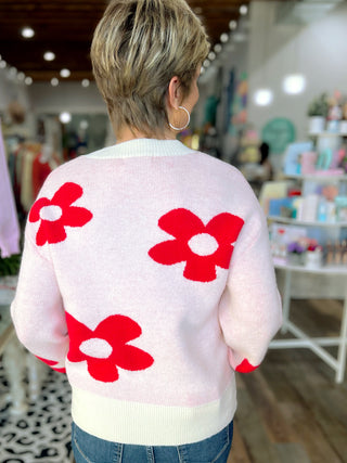Red Daisy Flower Printed Knitted Pullover Cozy Sweater