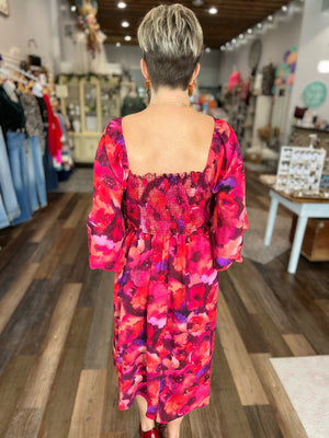 Midi Dress in Red and Purple Floral