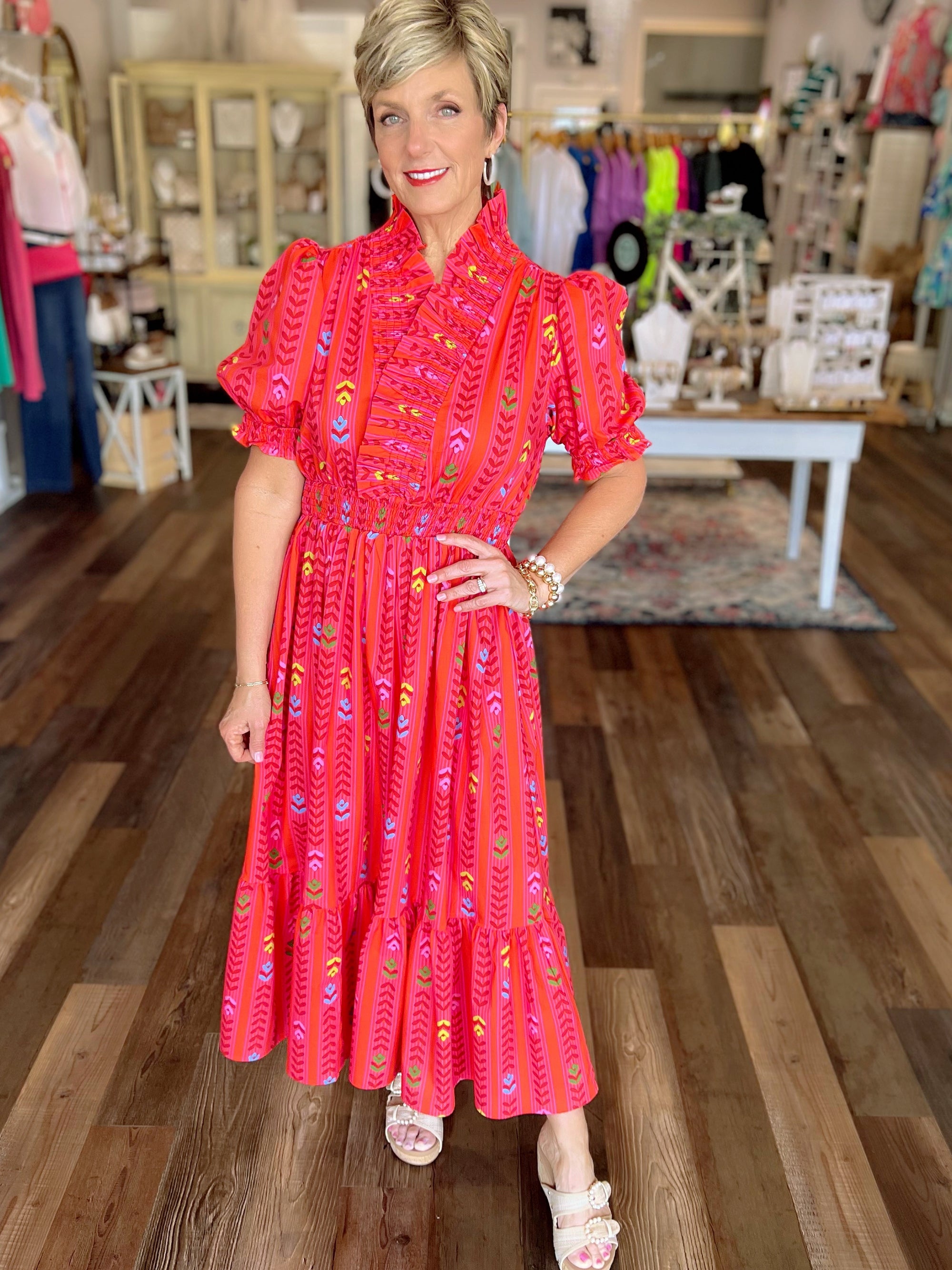 Vibrant Ruffle Smocked Midi Dress
