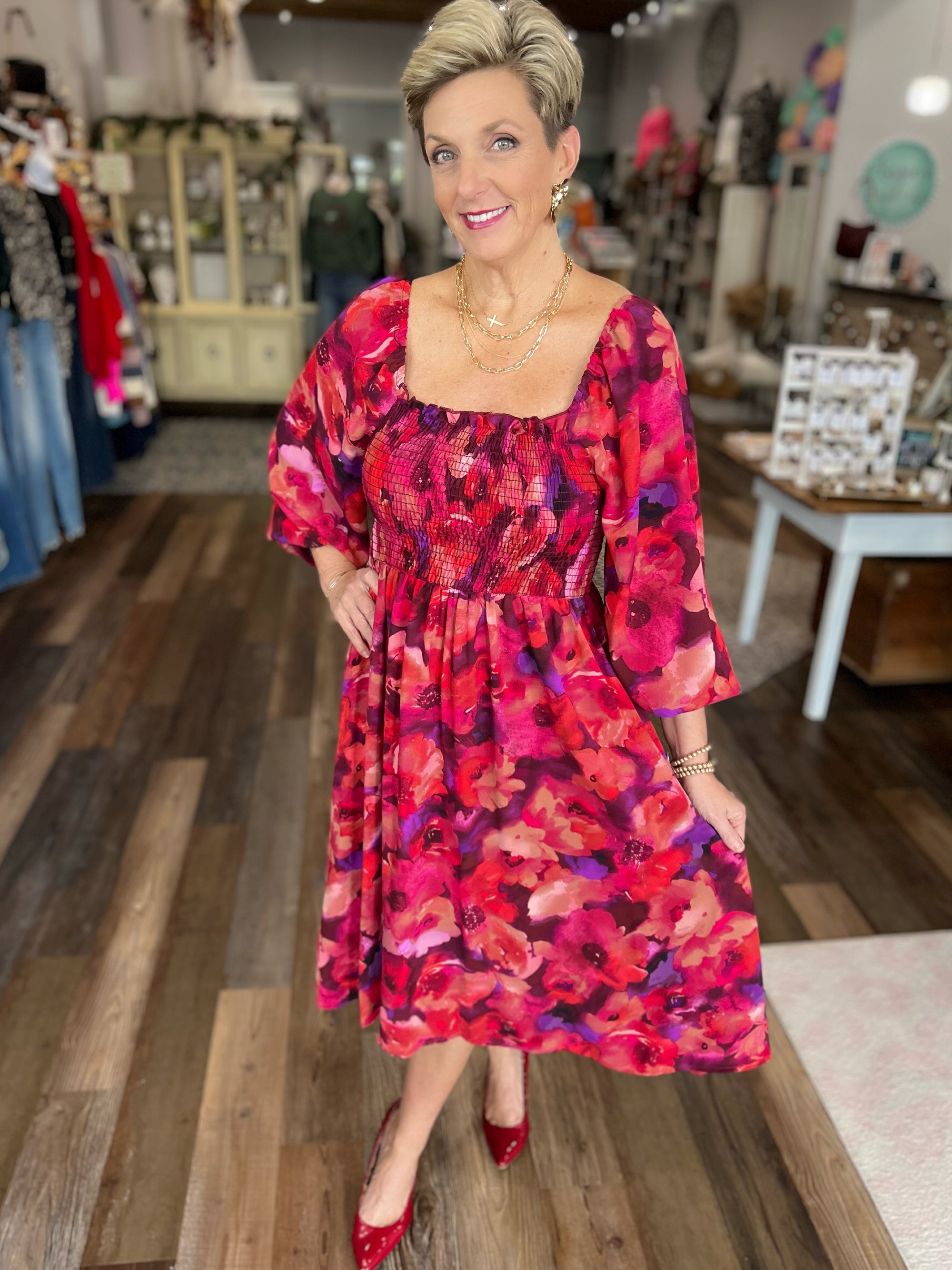 Midi Dress in Red and Purple Floral
