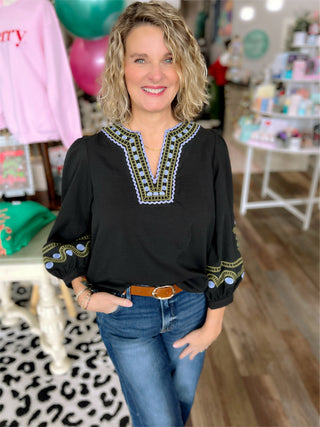 Midnight Meadow Embroidered Boho Top – Black 3/4 Sleeve Blouse