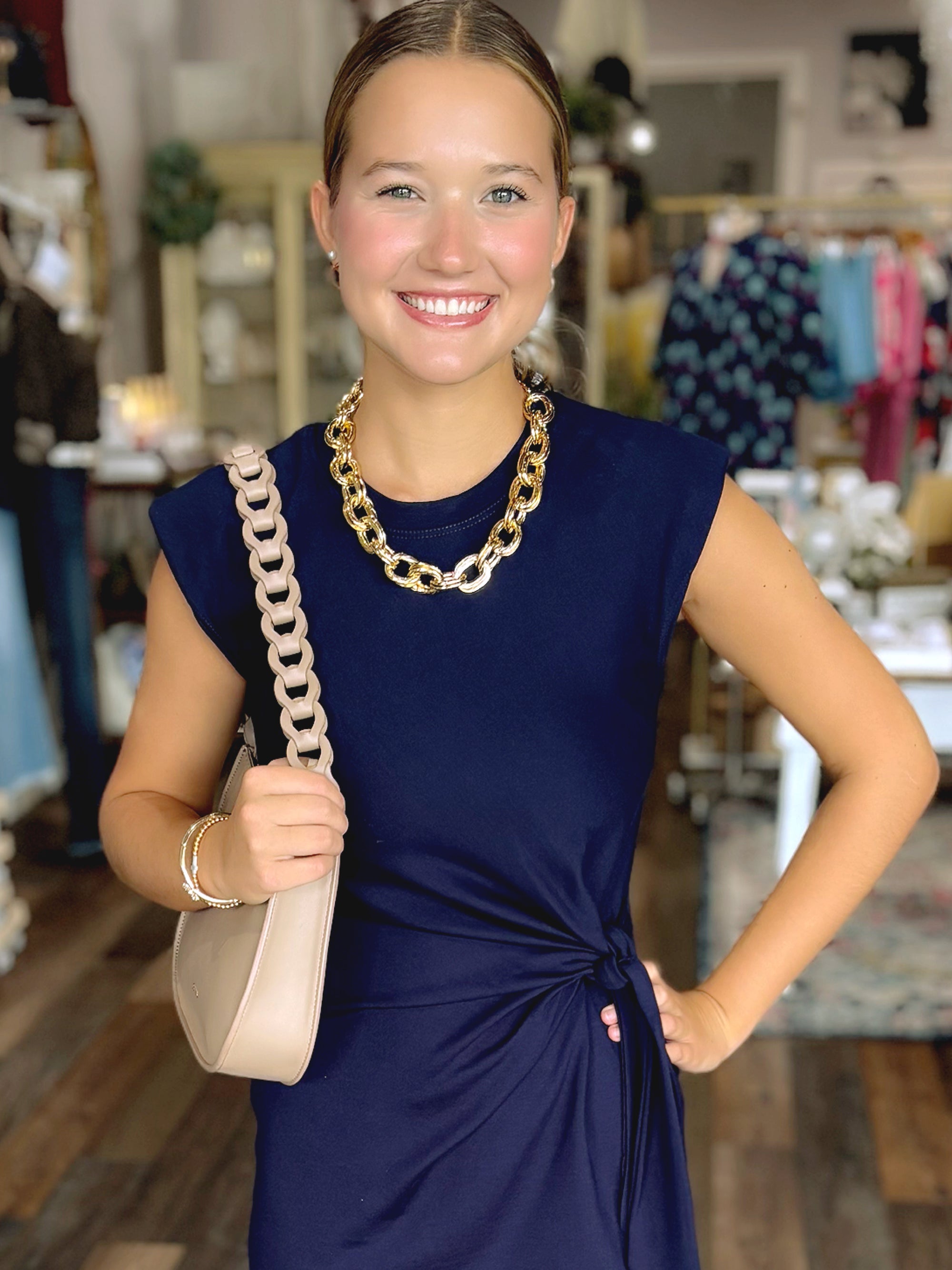 Women's Navy Sleeveless Dress with Waist Tie – Classic & Versatile