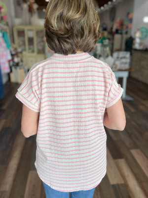 V-Neck Striped Jacquard Stripe Top in Pink and Off White