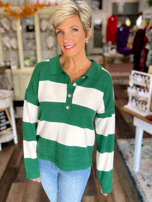Striped Polo Collar Sweater – Green & Cream