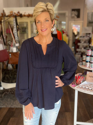 See You Soon Pintucked Top in Navy