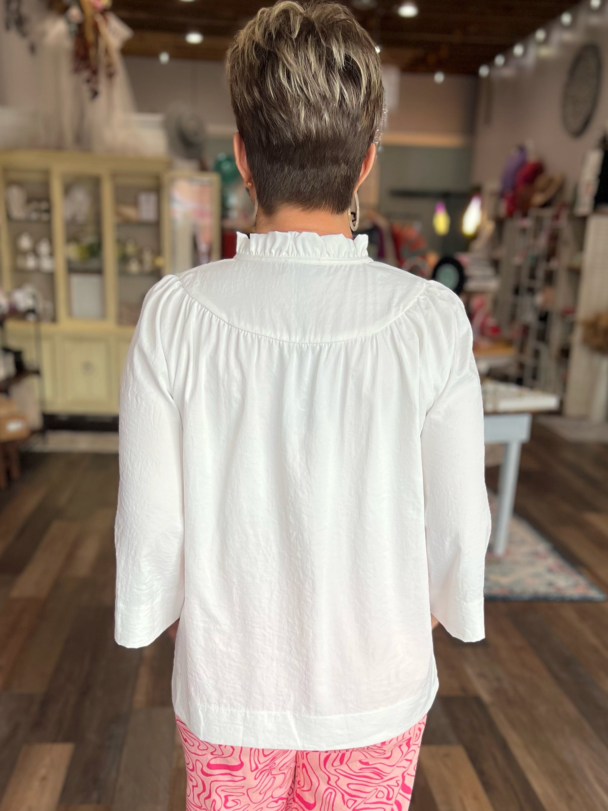 Ruffled Neck Blouse in White - RESTOCK