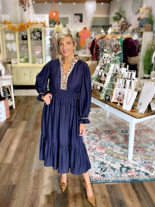 Navy Midi Dress with Leopard Trim