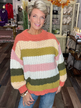 Striped Color Block Chunky Sweater Pullover – Rust & Olive