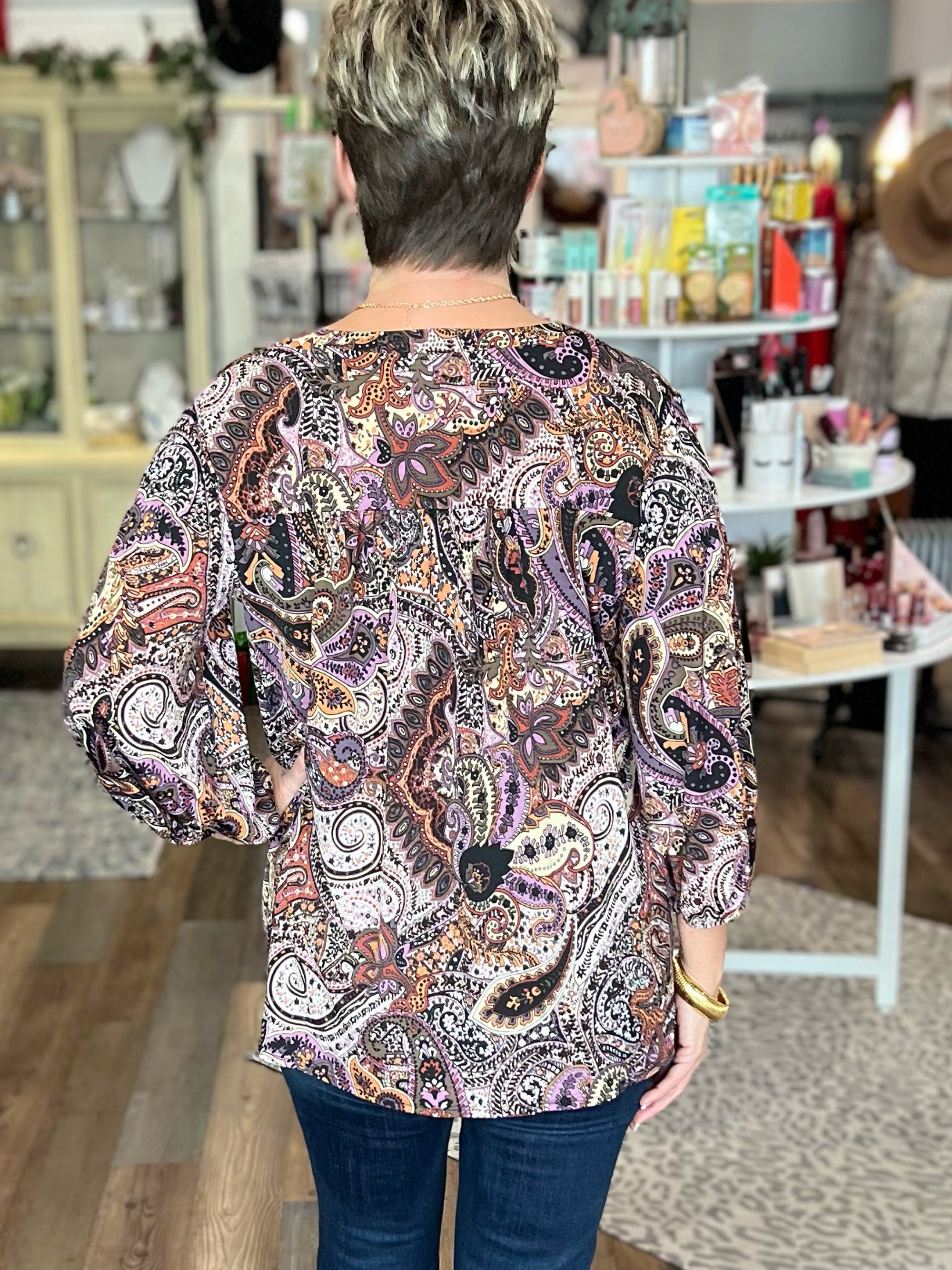 Let's Get Together Paisley Print V-Neck Top