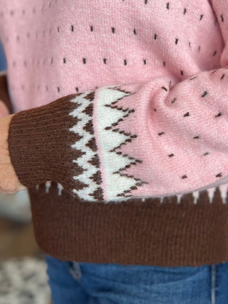 Geometric Knit Sweater in Soft Pink and Brown