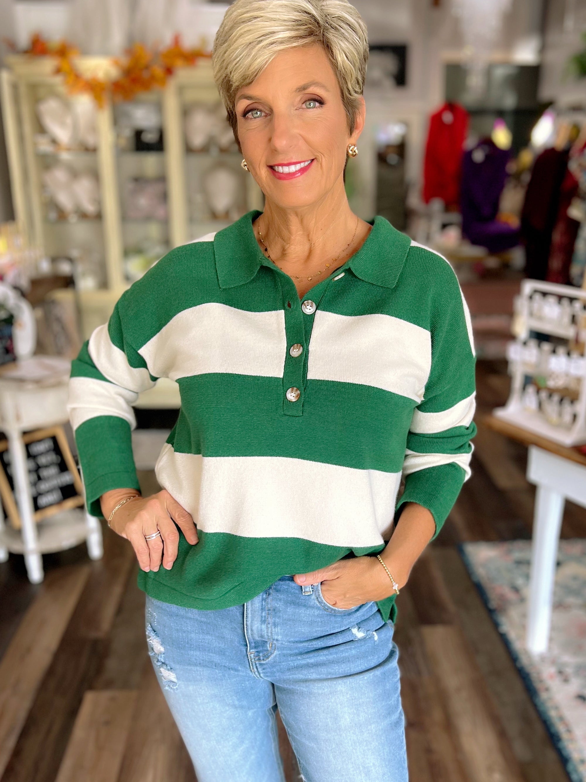 Striped Polo Collar Sweater – Green & Cream